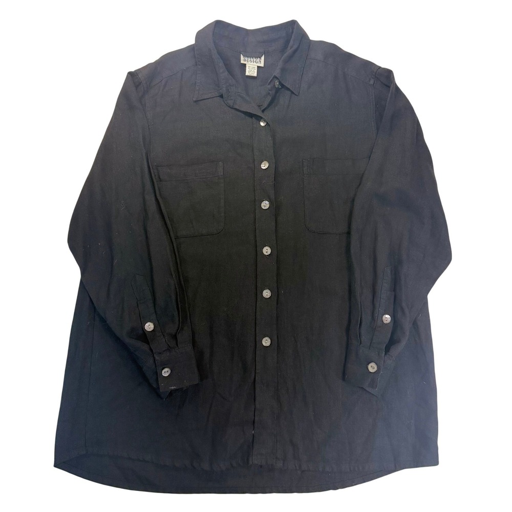Chico's Design Vintage Black Linen Rayon Mother of Pearl Button Artsy Shirt XL
